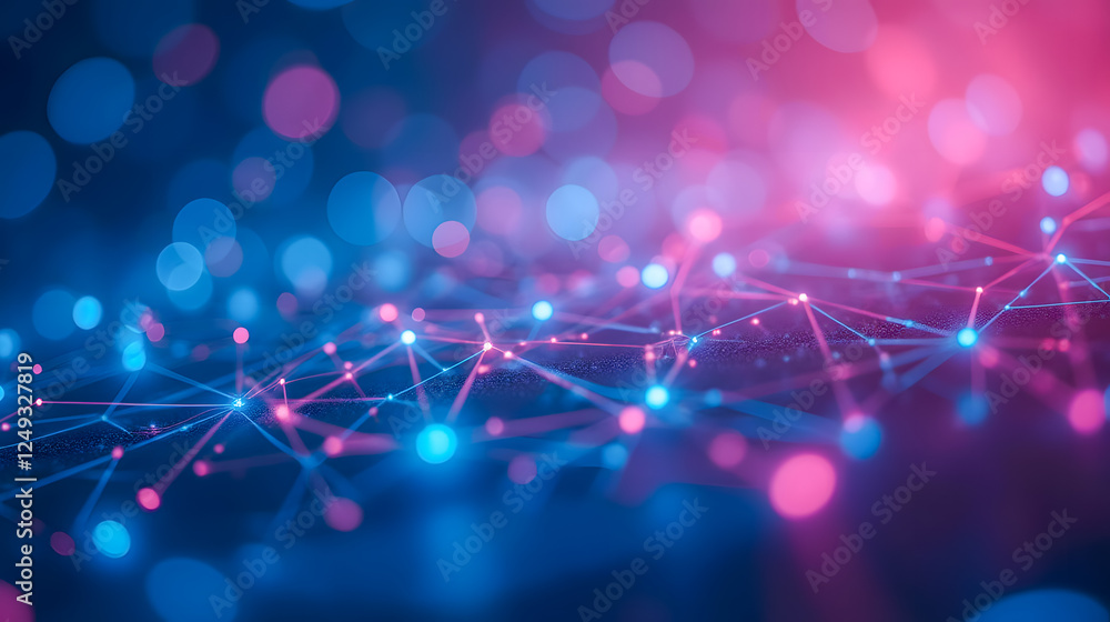 Poster abstract digital background of colorful glowing dots and lines in a connected network displaying mod
