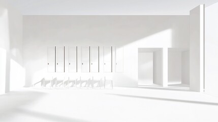 Obraz premium Minimalist white room with six doors and chairs with light and shadow creating an atmosphere