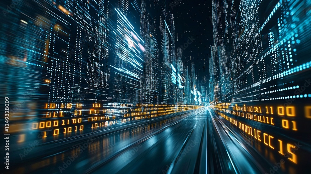 Aufkleber a dynamic, futuristic cityscape featuring glowing binary code and digital elements, conveying themes