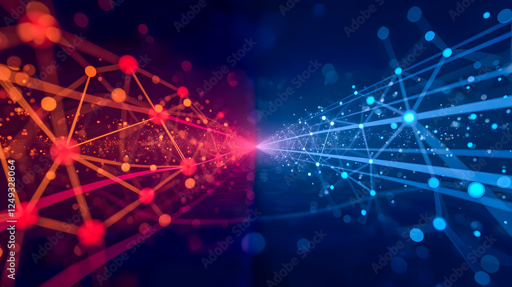 Poster abstract digital network connection with red and blue particles representing data flow across a futu