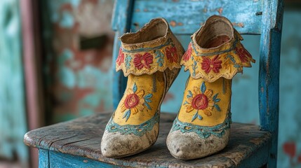Vintage embroidered yellow shoes resting on a rustic blue chair in a weathered room