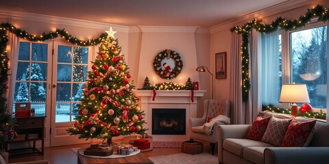 Cozy living room decorated for New Year with Christmas tree, garlands, and twinkling lights, holiday, Christmas tree, inviting