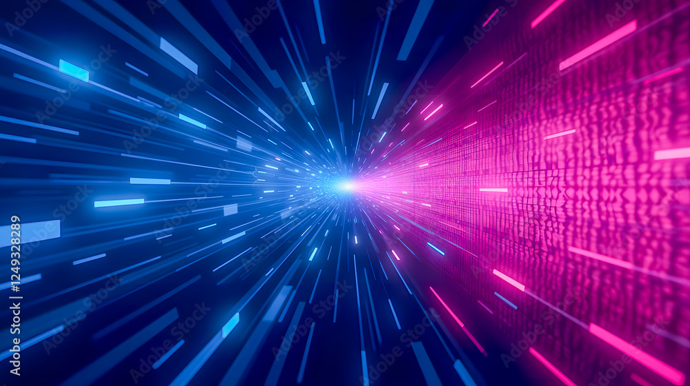 Poster dynamic burst of light in blue and pink with digital patterns representing technology and speed in a