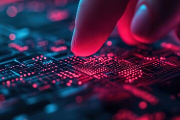 Technology of 5G: Wireless communication and streaming. Close-up of a finger touching a glowing circuit board.