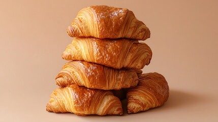 A stack of fresh, buttery croissants on a warm light brown background,