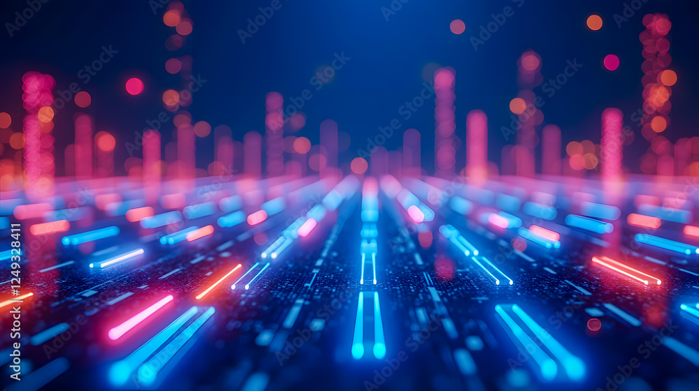 Poster abstract digital background with vibrant neon light trails in blue and red colors creating a futuris