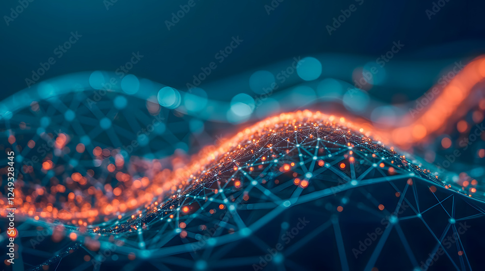 Poster abstract digital landscape with glowing particles and connected mesh structure representing data flo
