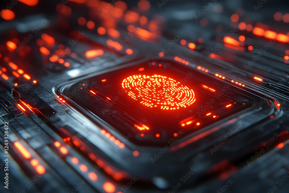 Poster glowing fingerprint on tech surface signifying identity, security, or biometric data. possible use t