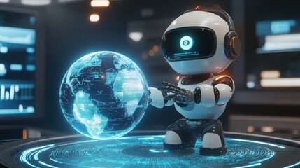 A 3D cartoon humanoid AI robot wearing a headset, analyzing a holographic globe with digital data.