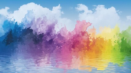 Fototapeta premium A vibrant watercolor abstract with colorful splashes of purple, pink, yellow, and blue reflecting on tranquil waters under a clear blue sky.