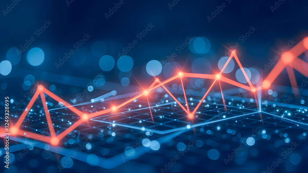 Poster abstract digital graph with bright red lines over blue background illustrating data growth and trend