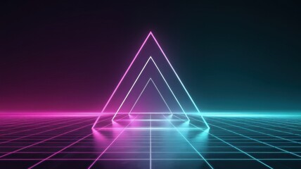 A mesmerizing neon geometric scene featuring three glowing triangles in pink and teal, creating a futuristic atmosphere on a grid floor.