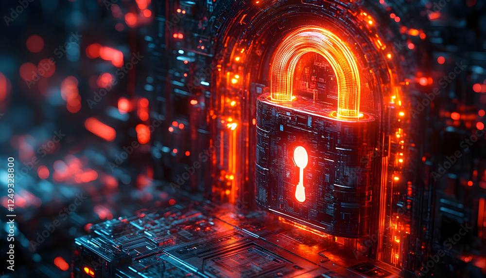 Aufkleber glowing padlock secures data. cybersecurity concept; information safety in a digital, interconnected