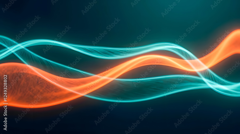 Poster abstract light waves in blue and orange colors creating dynamic flowing patterns on dark background 