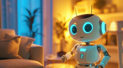 Fototapeta premium A 3D cartoon robot assistant helping a user with smart home devices, adjusting temperature and lights.