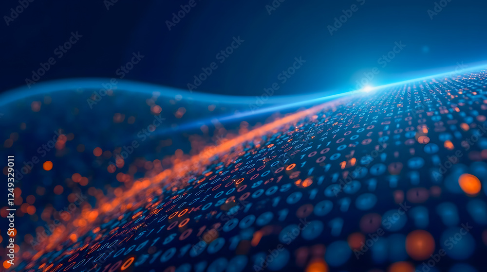 Poster abstract digital landscape with glowing binary code waves and vibrant particles creating a futuristi