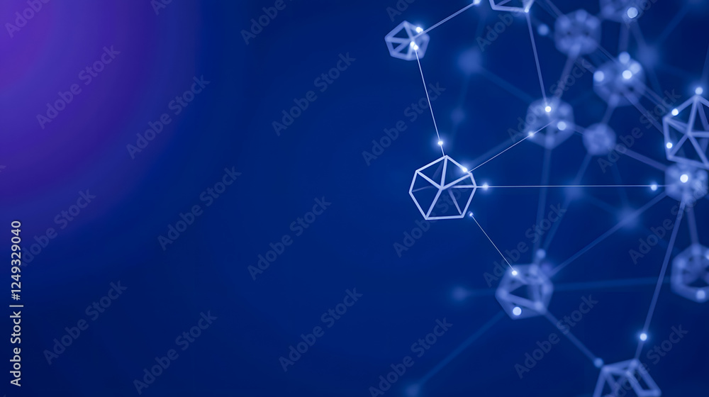 Poster abstract digital background with interconnected geometric shapes and glowing nodes that represent te