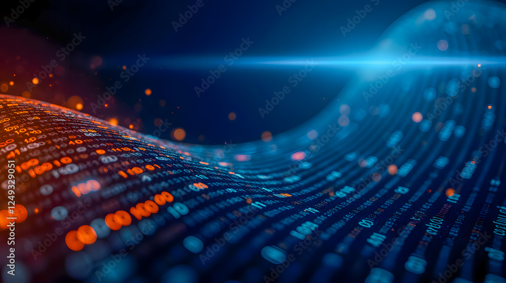 Poster digital waves of colorful data representation with glowing particles on a blue background for abstra