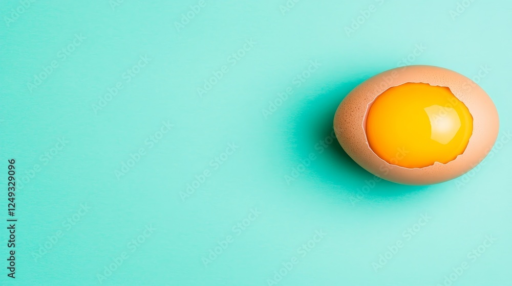 Aufkleber broken egg shell with yolk on aqua background closeup view with raw egg inside on surface