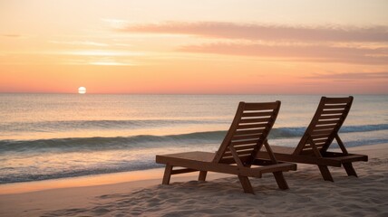 Fototapeta premium Two wooden lounge chairs on the sandy beach, overlooking a serene sunset over the calm ocean waters, creating a tranquil and peaceful atmosphere.
