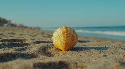 Obraz premium A beautiful seashell resting on sandy beach, capturing the essence of summer and coastal tranquility.