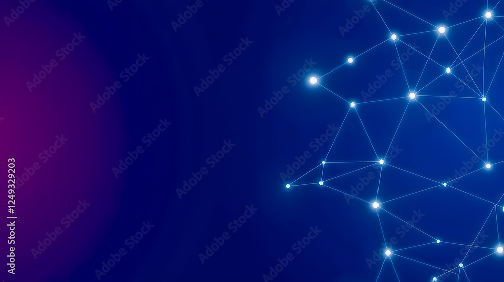 Poster abstract network visualization with bright nodes and lines on deep blue background for technology an