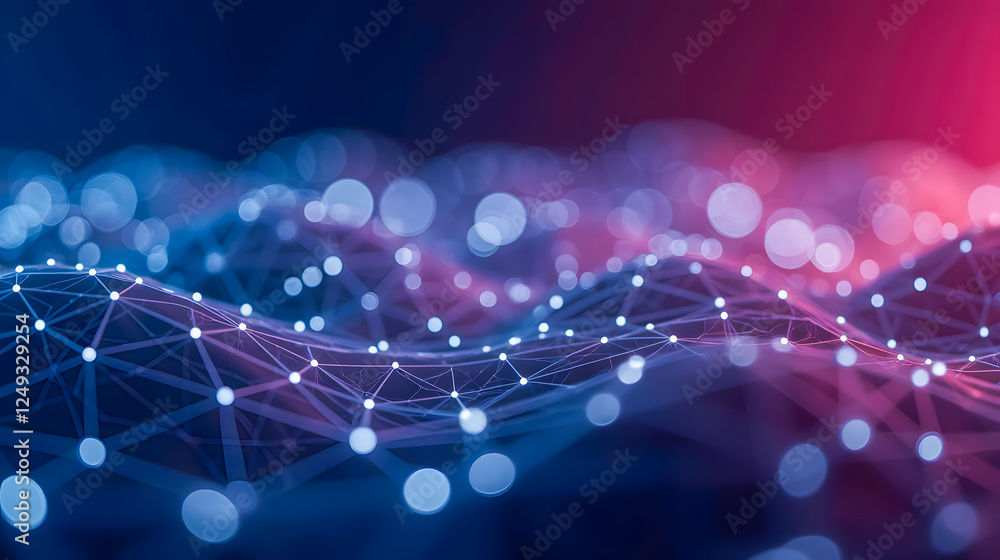 Poster abstract digital landscape with glowing dots and lines creating a futuristic wavy structure in blue 