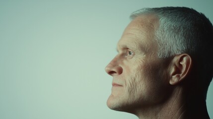 Fototapeta premium A thoughtful elderly man with gray hair looking to the side against a light background.