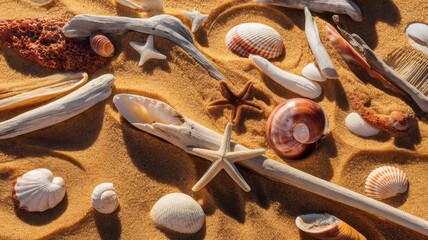 A vibrant collection of seashells and driftwood scattered on sandy beach, capturing a serene coastal essence with warm colors and natural textures.