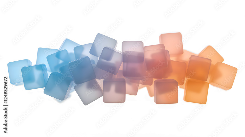 Poster colorful translucent ice cubes in blue and orange arranged randomly on a white background creating a