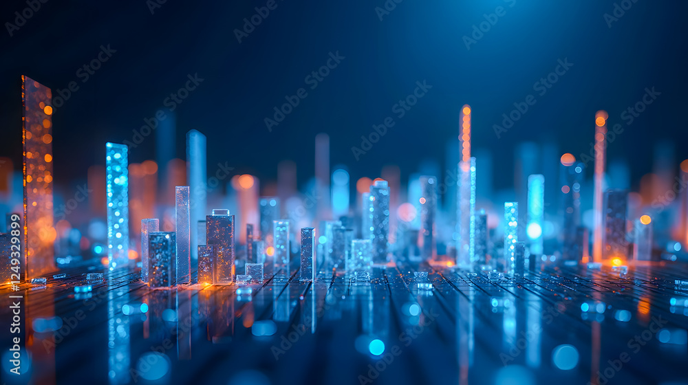 Poster abstract glowing skyscrapers on a digital cityscape background emphasizing modern technology and fut