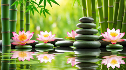  Beautiful Zen background with bamboo, pink maple leaves, and stones on water in the spa area