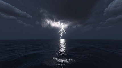 A dramatic image of lightning striking the ocean under a dark and cloudy night sky