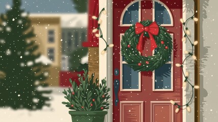 A cozy red door decorated with a festive wreath and twinkling lights, creating a warm holiday atmosphere amidst falling snow.