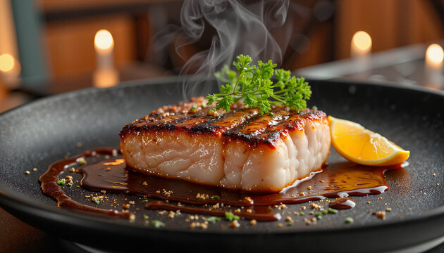 Grilled swordfish steak with sauce on elegant plate, culinary delight