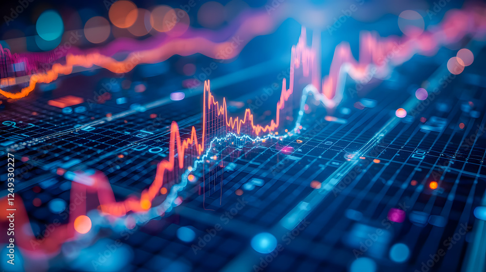 Poster colorful abstract digital data visualization with line graphs and complex patterns for financial ana