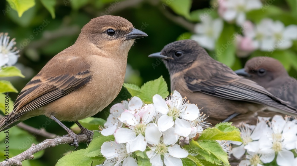 Poster brown birds perched on blossoming branch with third bird partially visible in background.