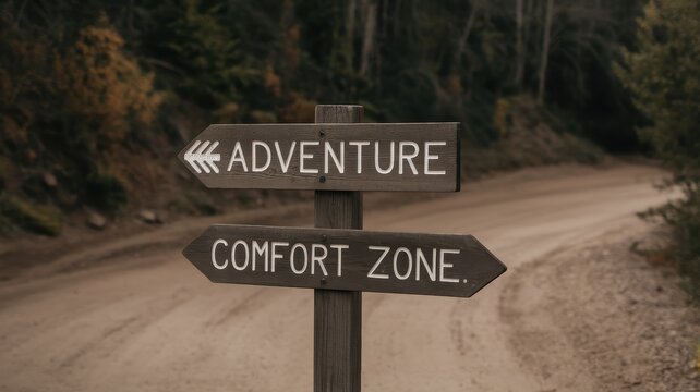 A rustic wooden signpost indicating 'Adventure' and 'Comfort Zone' along a winding dirt road, evoking a sense of exploration and choice.