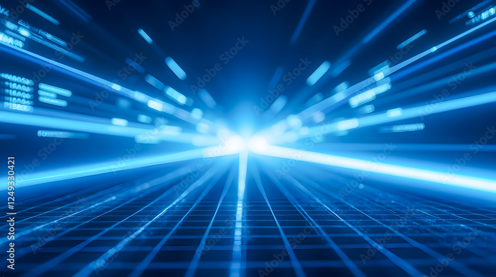 Poster futuristic abstract technology background with glowing blue light beams and grid pattern representin