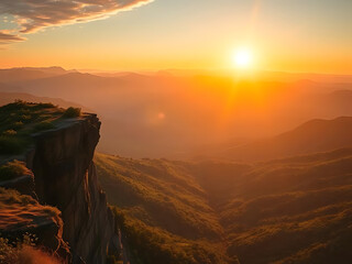 scenic mountain bluff with a vibrant sunrise casting golden light over vast green valleys