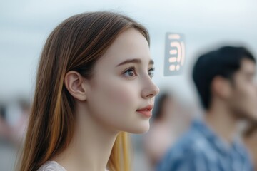 Technology of 5G: Wireless communication and streaming. Profile of a woman with a digital signal icon in the background.