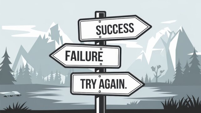 A motivational signpost in a serene landscape, illustrating choices: 'Success', 'Failure', and 'Try Again.' Perfect for inspiration and self-improvement.