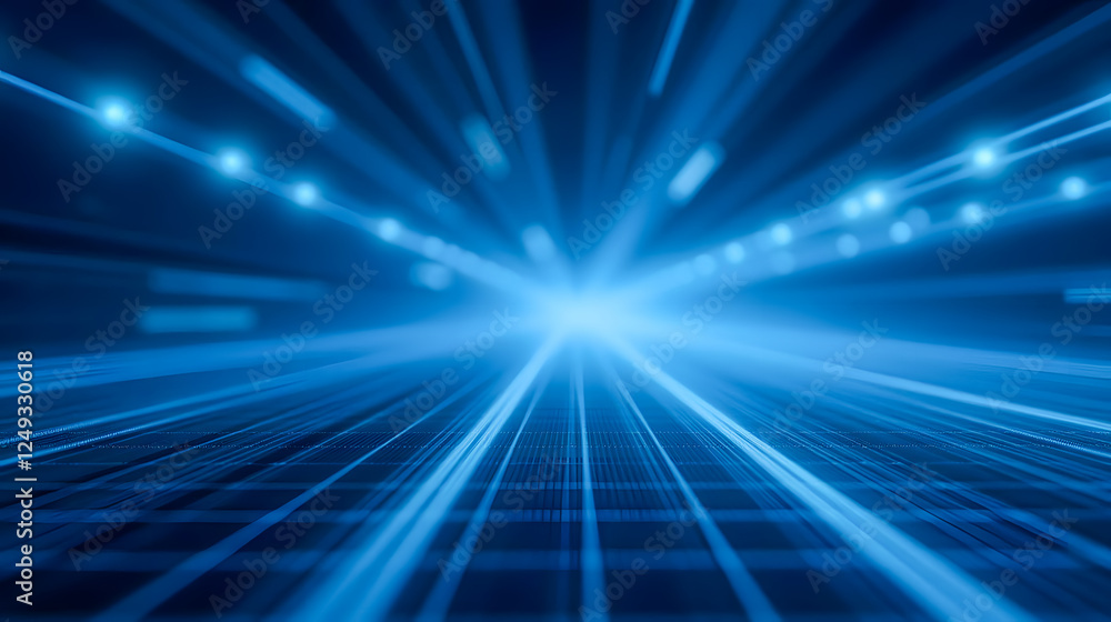Poster futuristic blue abstract background with light rays and grid pattern for technology and digital conc