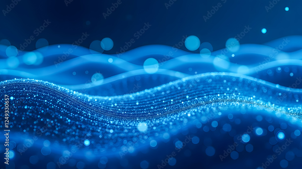 Poster digital waves of glowing blue light with bokeh effect, representing technology, data, and abstract b