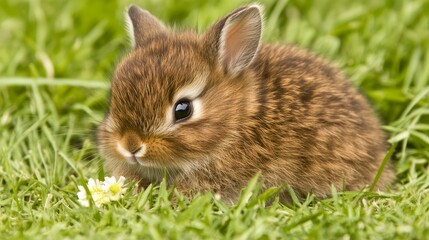 Brown Bunny Eating Flower in Lush Grass Field Animal Portrait Cute Small Furry Fluffy.