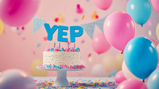 A colorful birthday celebration with a cake, balloons, and confetti, featuring the word "YEP" in vibrant letters, symbolizing excitement and festive fun.