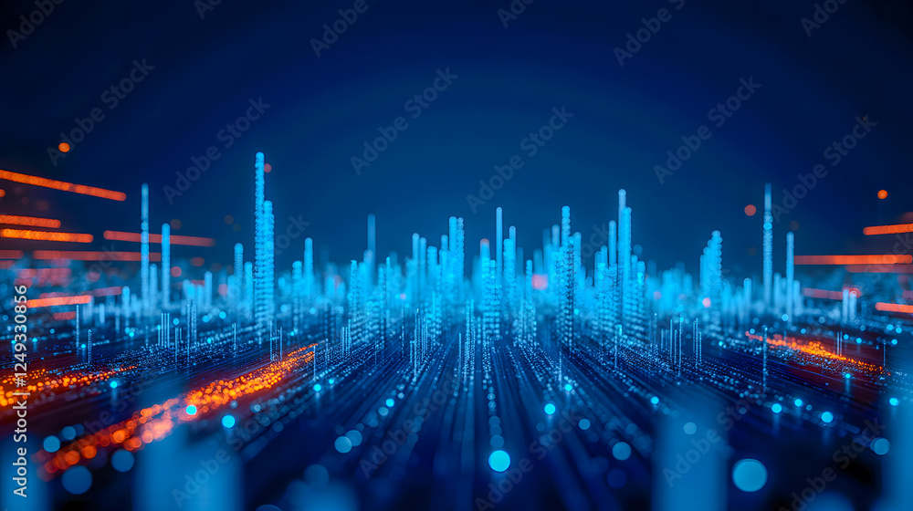 Poster abstract digital landscape with vibrant blue light beams and glowing data points representing techno
