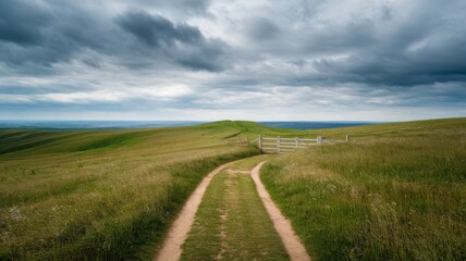 Fototapeta premium A serene dirt path winding through lush green hills under a dramatic cloudy sky, inviting adventure and exploration.