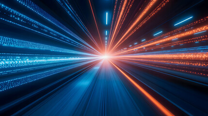 Obraz premium Dynamic Light Speed Effect with Blue and Orange Neon Colors in a Futuristic Tunnel Imagery of Motion and Energy for Technology Backgrounds