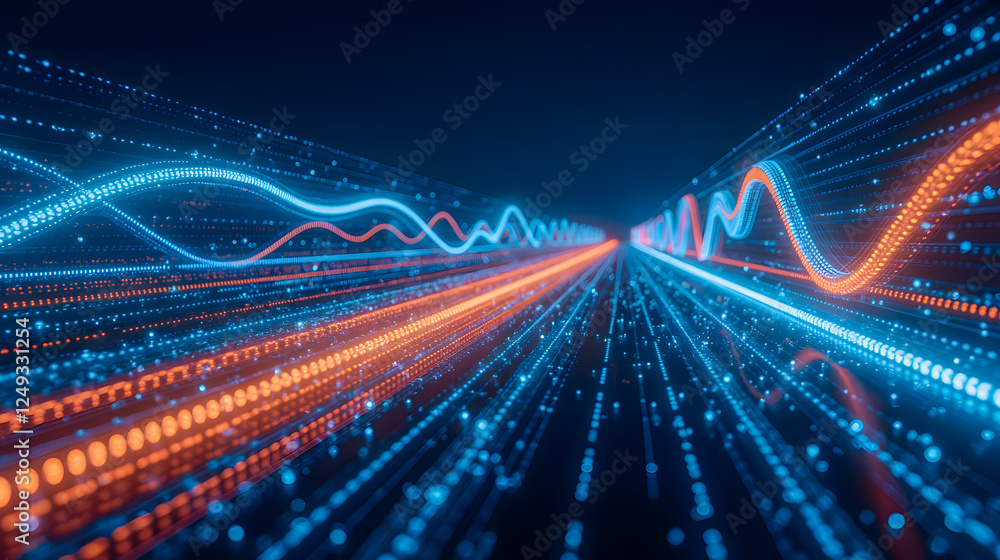  abstract digital background with colorful dynamic waves and glowing data points in motion for tech d